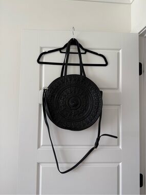 Anthropologie Black Round Embossed Crossbody Bag